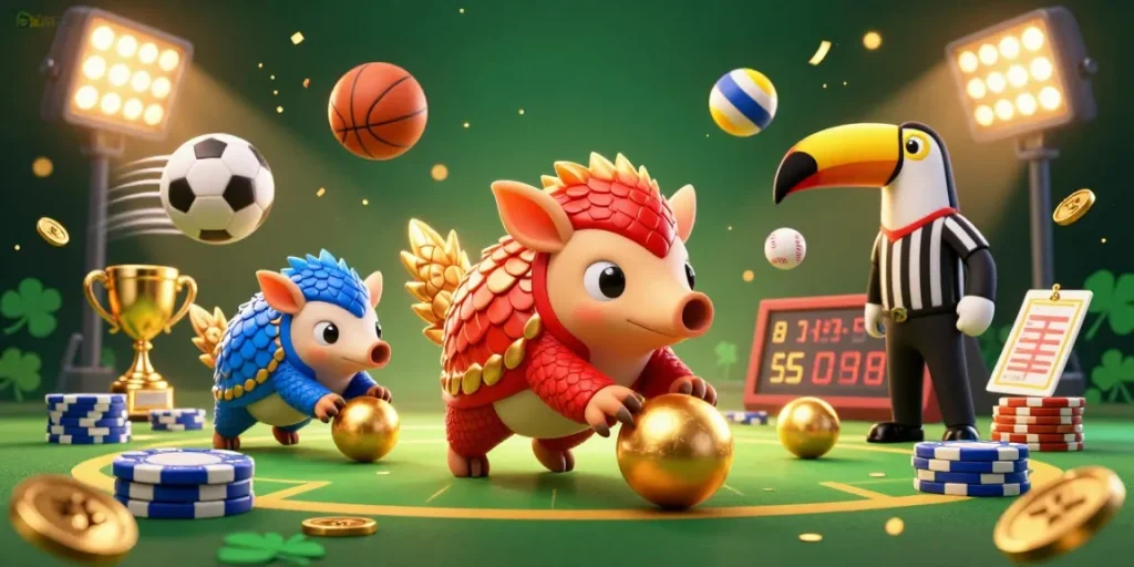 Experience thrilling moments with 8KBET as rival pangolins compete in a colorful casino illustration filled with action.