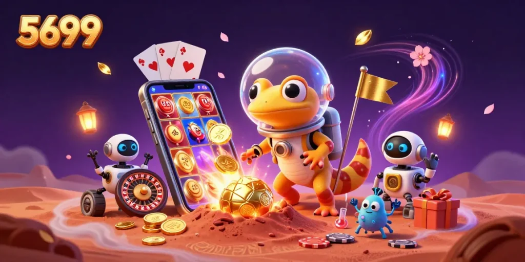 Experience thrilling gaming at 5699 with a vibrant casino scene featuring playful Martian characters.