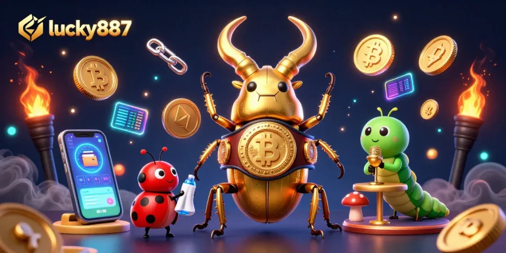 Experience thrilling gameplay at lucky887 with a powerful stag beetle champion amidst vibrant casino elements.