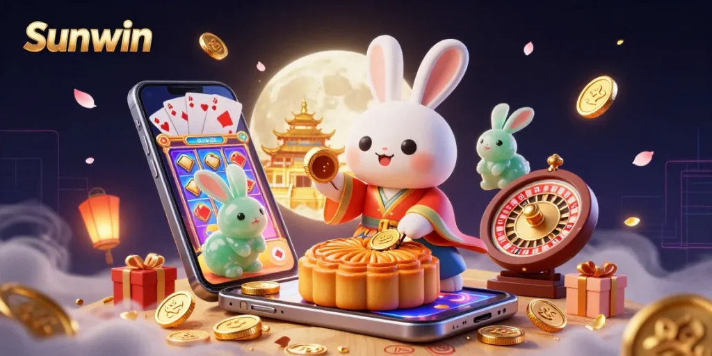 Sunwin thrills casino players with the moon rabbit and treasures in a dynamic gaming scene.