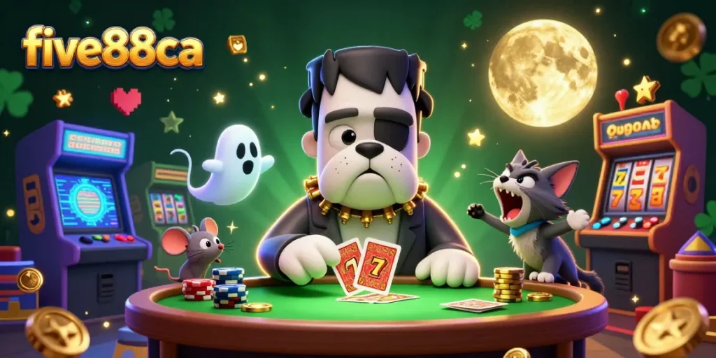 Play with five88ca at a vibrant casino scene with exciting characters and games.