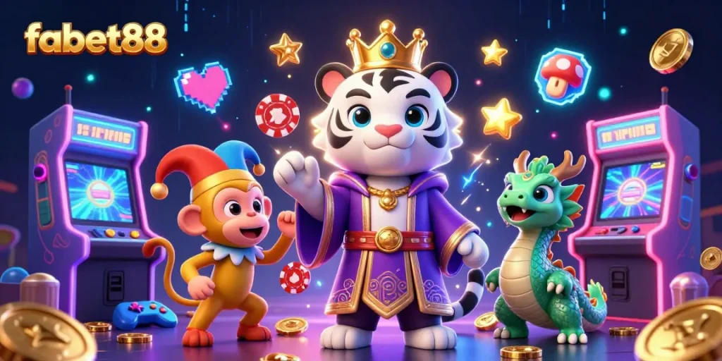Play and win on fabet88 with an elegant tiger, jester monkey, and lively dragon in a vibrant casino setting.