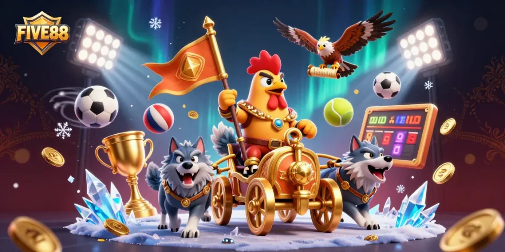Experience the thrill of FIVE88 with a cartoon warlord and dynamic sports betting elements.