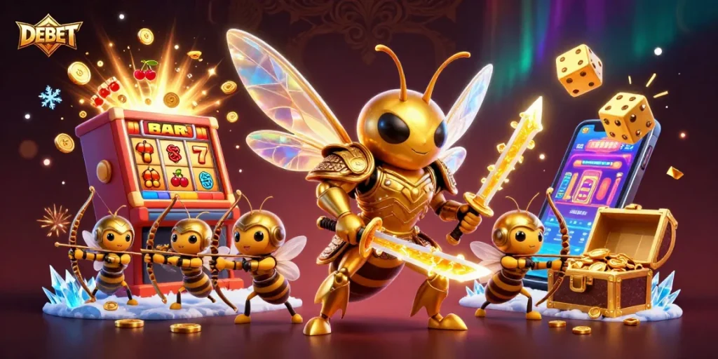 Engage in thrilling gameplay with DEBET, featuring a vibrant 3D illustration of action-packed casino elements.