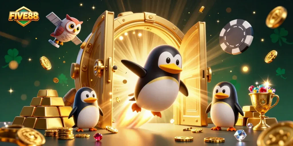 Experience the vibrant gaming world of FIVE88 with a golden penguin racing to a poker chip casino!