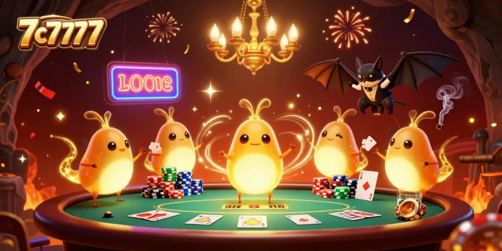 Join the action at 7c7777 with glowworms illuminating an exciting poker game in a vibrant casino scene.