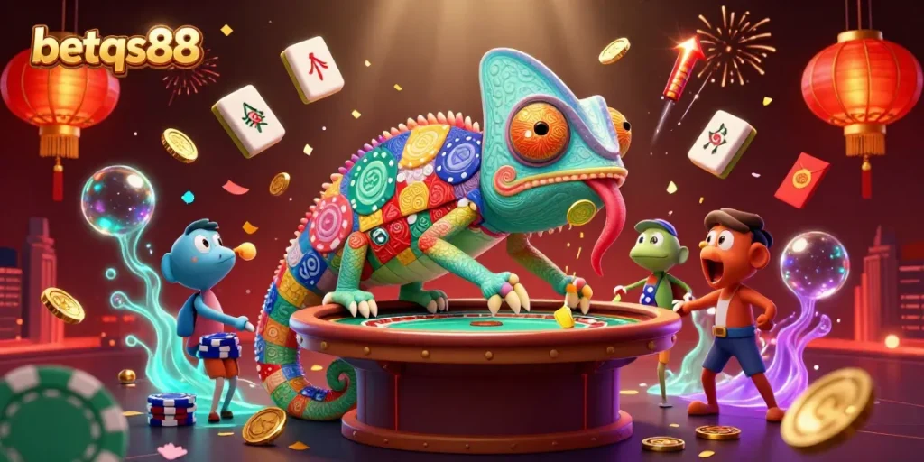 Experience thrilling gameplay at betqs88 with vibrant casino elements and 3D chameleon character.
