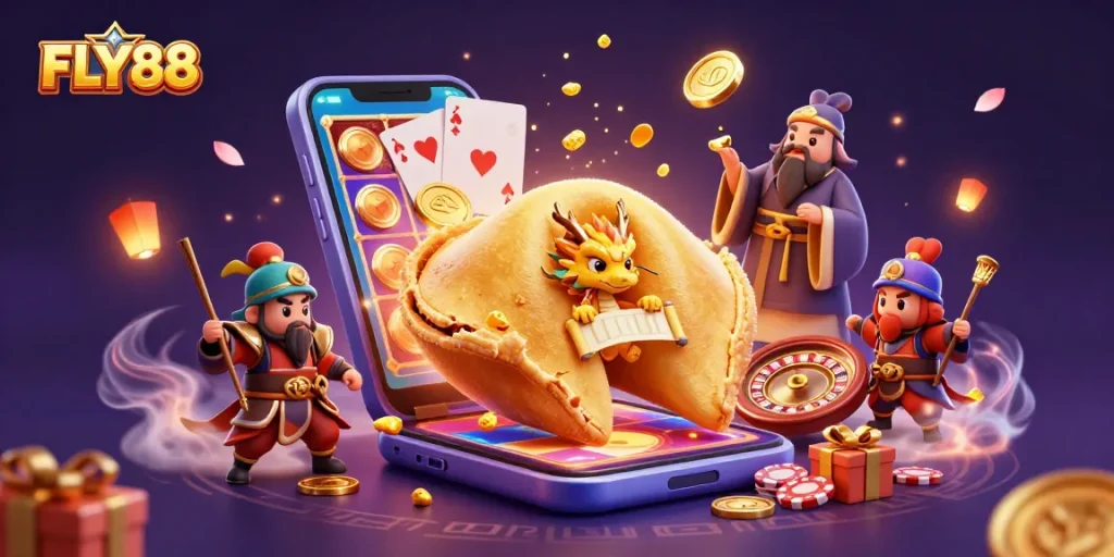 FLY88 offers a captivating 3D casino scene with a fortune cookie and gaming elements showcasing excitement.