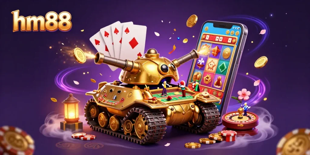 Experience the vibrant thrill of hm88 casino with a golden beetle tank and exciting gaming elements.