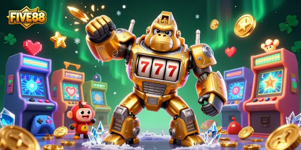 Engage in thrilling gameplay at FIVE88 while surrounded by vibrant casino elements.