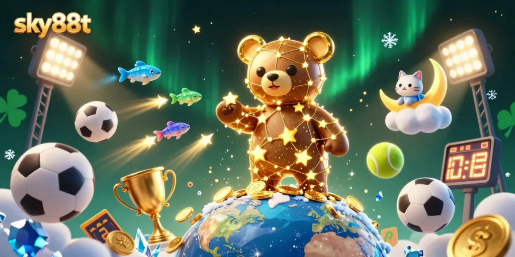 Engage with sky88t's thrilling casino world, featuring a dynamic illustration of a constellation bear surrounded by sports elements and golden coins.