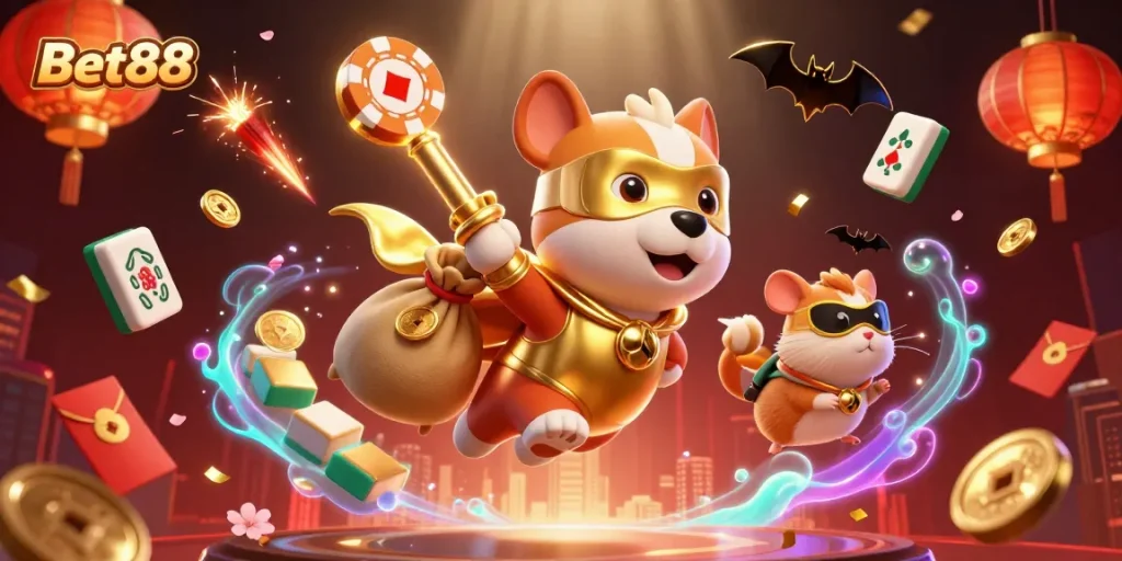 Bet88 dog superhero collecting gold coins in a vibrant casino scene with festive decorations