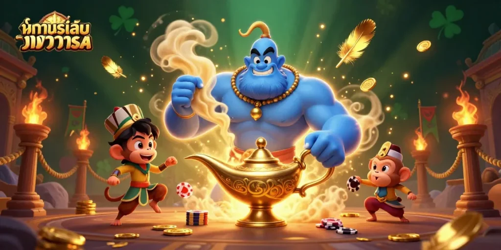 Engage with ทดลองเล่นบาคาร่าsa in an enchanting casino scene featuring a magical genie and poker chips.