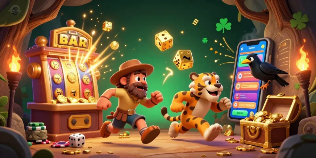 Win big at nagawin with a lively prehistoric casino scene featuring characters and exciting game elements.