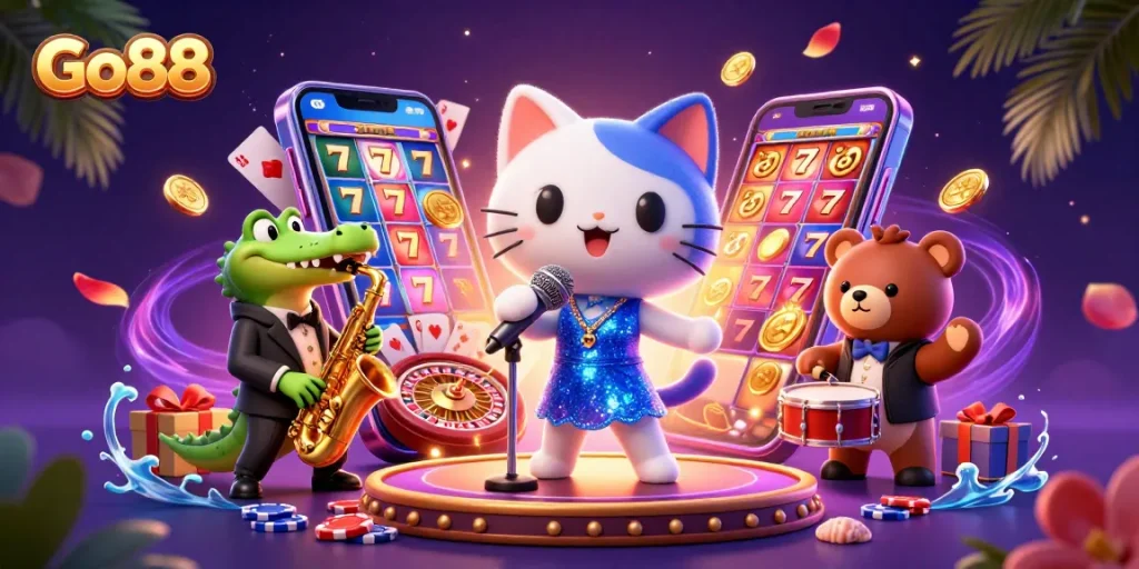 Experience vibrant gaming excitement with Go88's lively online casino atmosphere featuring dynamic characters.
