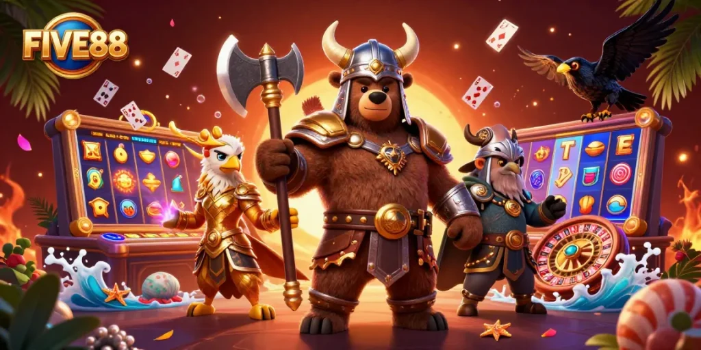 Experience exhilarating gameplay at FIVE88 with Viking characters amidst dynamic casino elements.