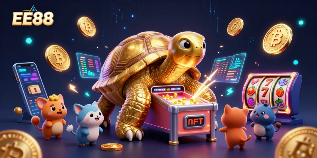 Spin the reels and win big with EE88 in this vibrant, energetic casino scene.