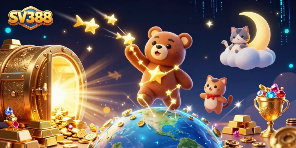 SV388 captivates players with a dazzling 3D illustration showcasing a magical casino world filled with treasures.