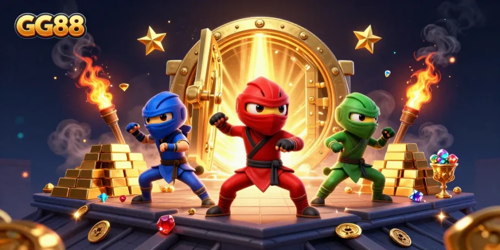 Experience the excitement of GG88 with ninja chameleons amidst treasure in a lively casino atmosphere.