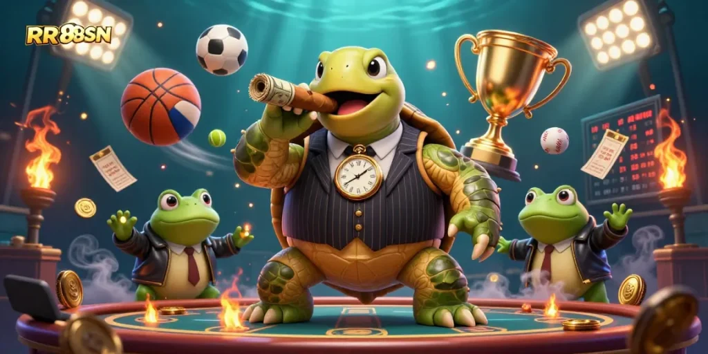 Engage with RR88SN's thrilling gambling scene featuring dynamic sports elements and vibrant characters.