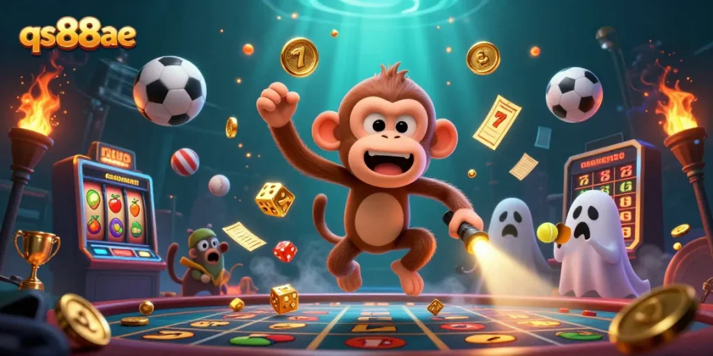 Engage in thrilling play at qs88ae, showcasing a poltergeist monkey juggling casino prizes amid flying sports elements.