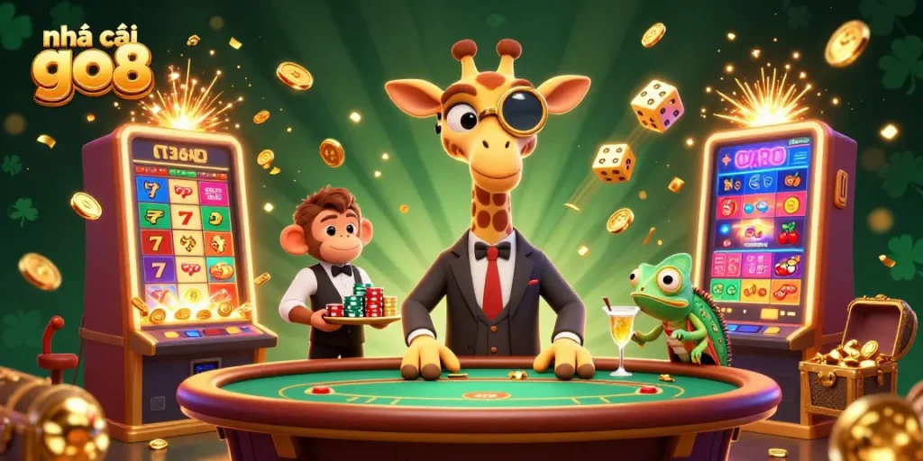 Enjoy the gaming experience at nhà cái go8 with exciting visuals including jackpots, vibrant characters, and casino action.