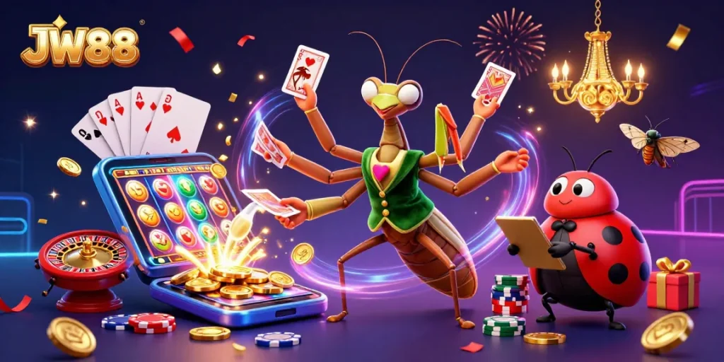 JW88 showcases a dynamic online casino scene with vibrant characters and engaging game elements.