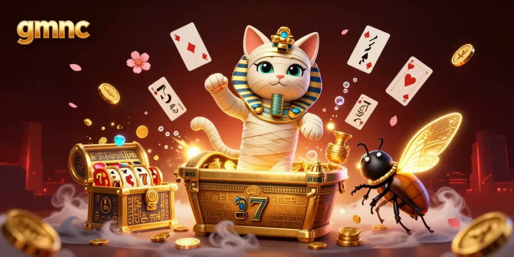 Experience the excitement of gmnc as the Egyptian mummy cat bursts into action amidst dazzling casino visuals.
