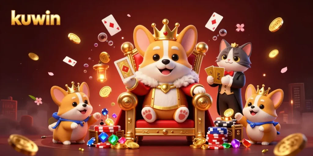 Kuwin showcases thrilling gaming adventures with a royal corgi and golden card deck in a vibrant casino realm.