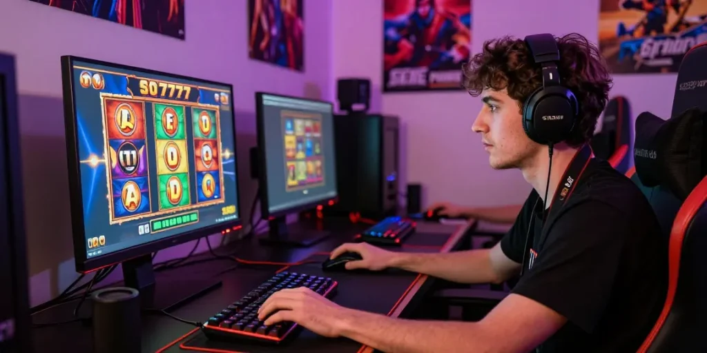 Pengalaman bermain slot777 online dengan gamer bersemangat menggunakan aksesori gaming modern.