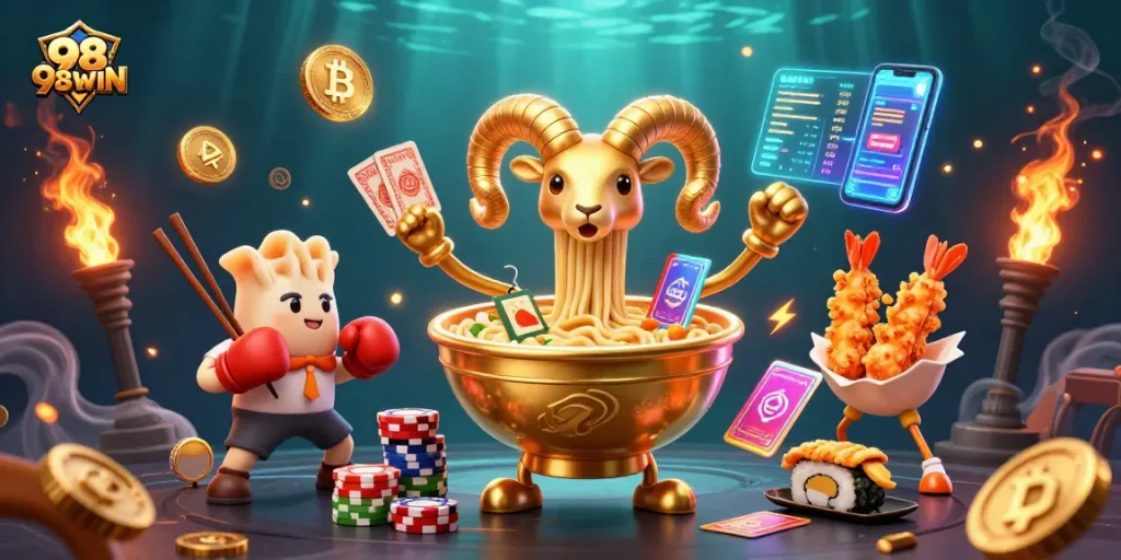 Experience thrilling casino action with 98WIN's vibrant characters and dynamic game elements.