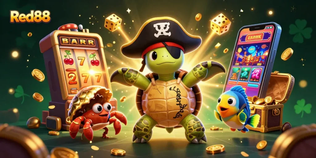 Engage with the exciting treasures of Red88 as you spin the jackpot slot machine surrounded by charming aquatic characters.