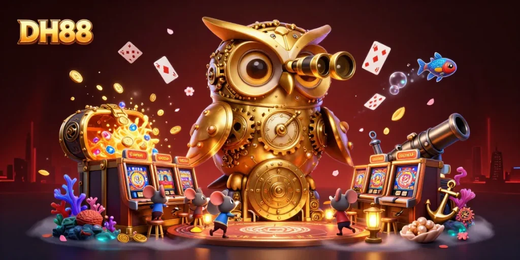Experience the thrill of winning at DH88 with a lively casino scene featuring a golden owl and vibrant characters.
