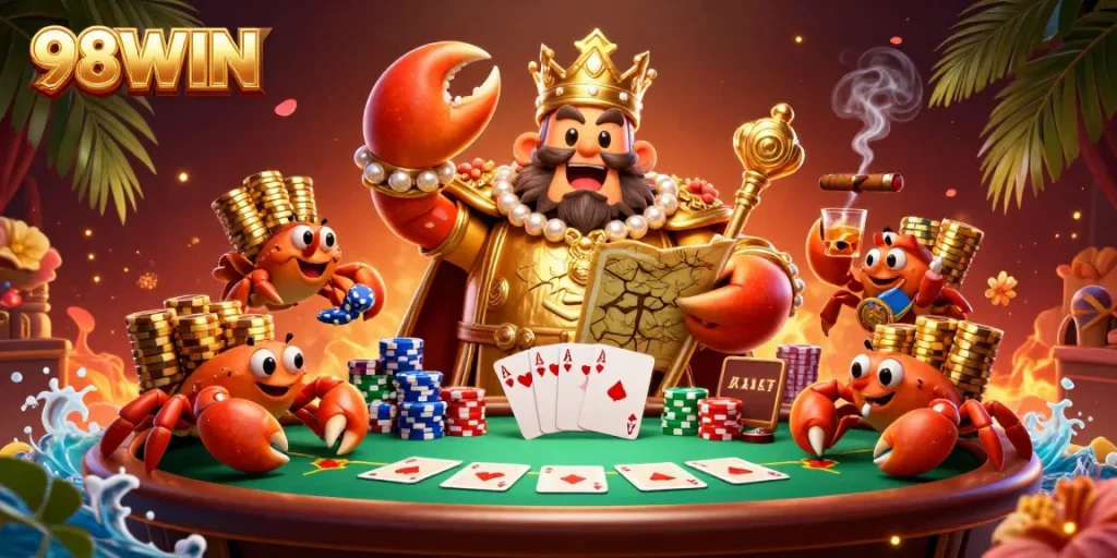 Engage in thrilling poker action at 98WIN with golden crab emperor and vibrant casino elements.