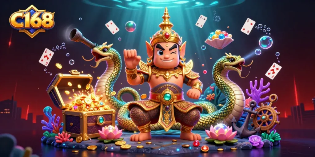 C168 players engaging with colorful gems, gold coins, and vibrant decorations in an enchanting digital casino scene.
