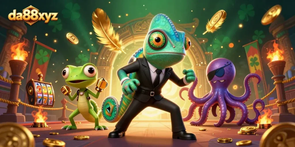 Play exciting slot games at da88xyz with a thrilling cartoon chameleon and vibrant casino elements.