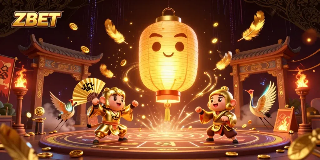ZBET offers a vibrant casino experience with dynamic warriors and glowing lanterns in a magical night market.