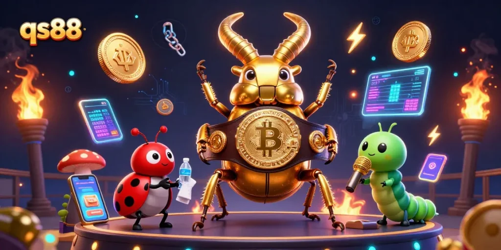 Engage in strategic gaming with qs88's vibrant 3D casino scene featuring a golden stag beetle showdown.