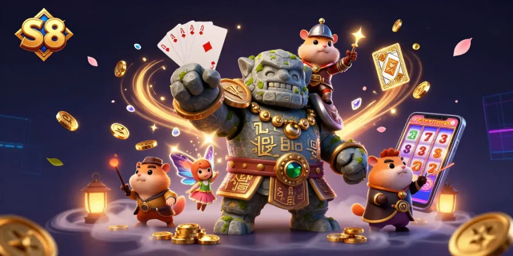 S8 unfolds a vibrant 3D scene with a stone golem guardian, a fairy companion, and a hamster knight amidst a burst of gaming elements.