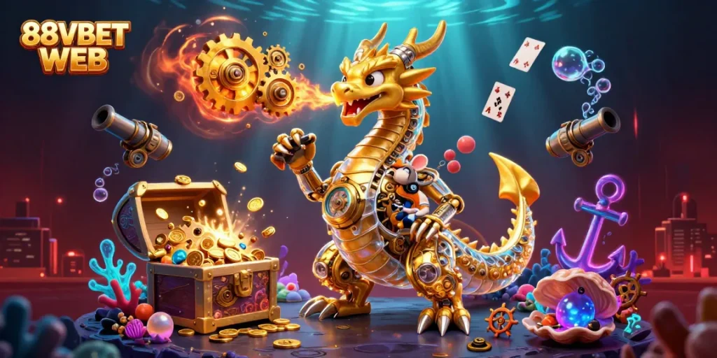 Engage with the vibrant world of 88VBET WEB featuring a golden dragon amidst treasures and gaming elements.