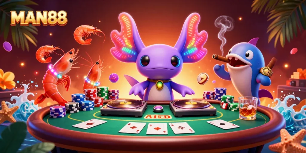 Experience the vibrant world of MAN88 with a dynamic 3D illustration of a casino party scene.