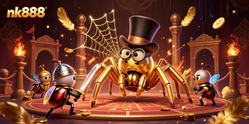 Experience the excitement of nk888 with a golden tarantula and knight in a dynamic casino scene.