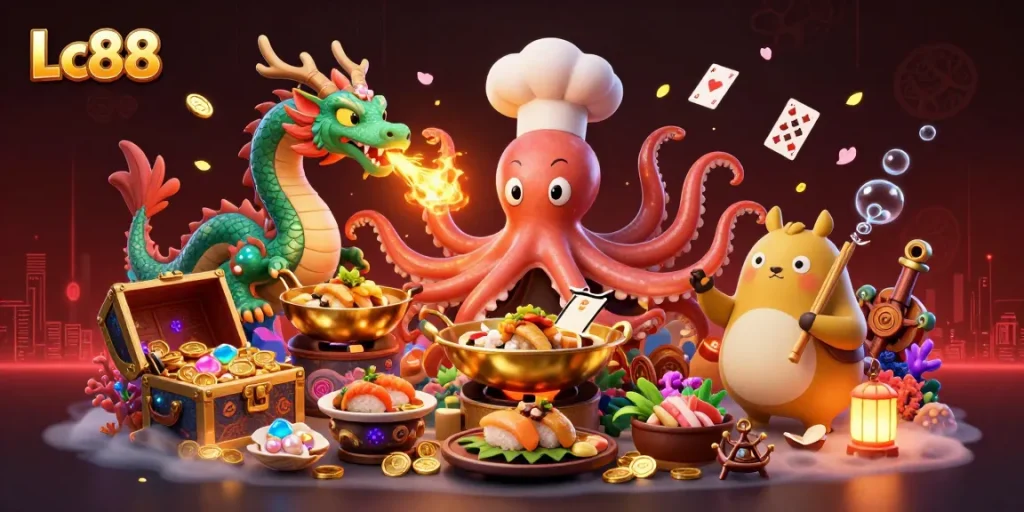 Experience exciting wins at Lc88 with vibrant casino games featuring a sushi chef octopus, dragon, and tanuki.
