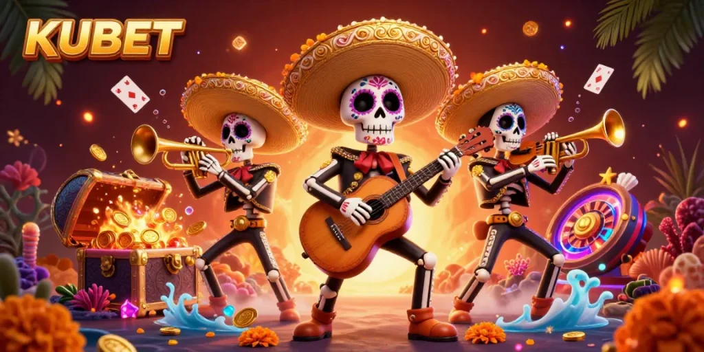 KUBET Casino showcases dynamic gambling with festive mariachi skeletons and vibrant casino elements.