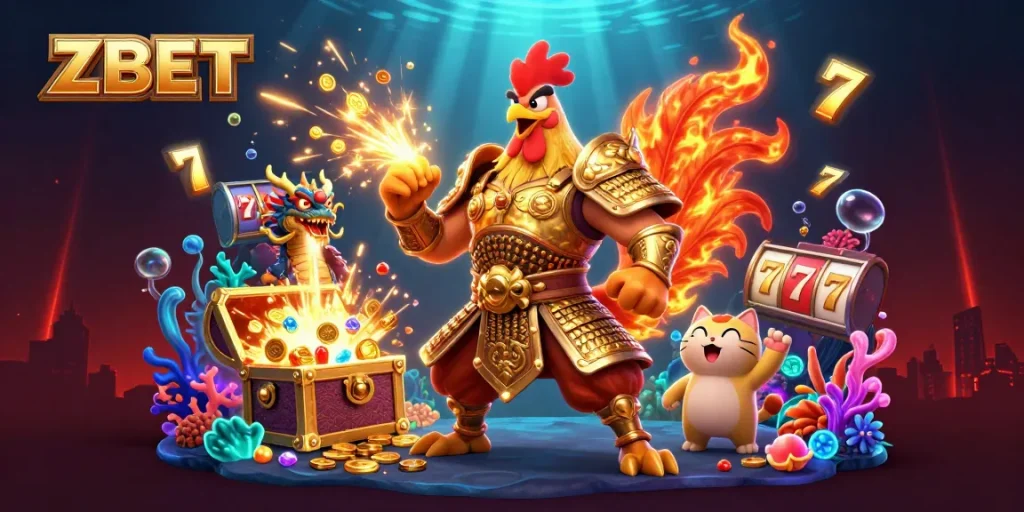 ZBET fills your gaming experience with excitement as the golden samurai rooster stands proud beside a dragon hatchling in an explosive casino world.