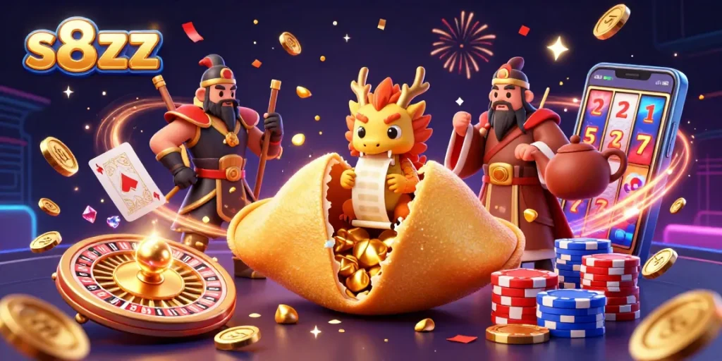 Spin the reels and win with s8zzz in this vibrant 3D casino illustration featuring a golden fortune cookie and wise dragon.