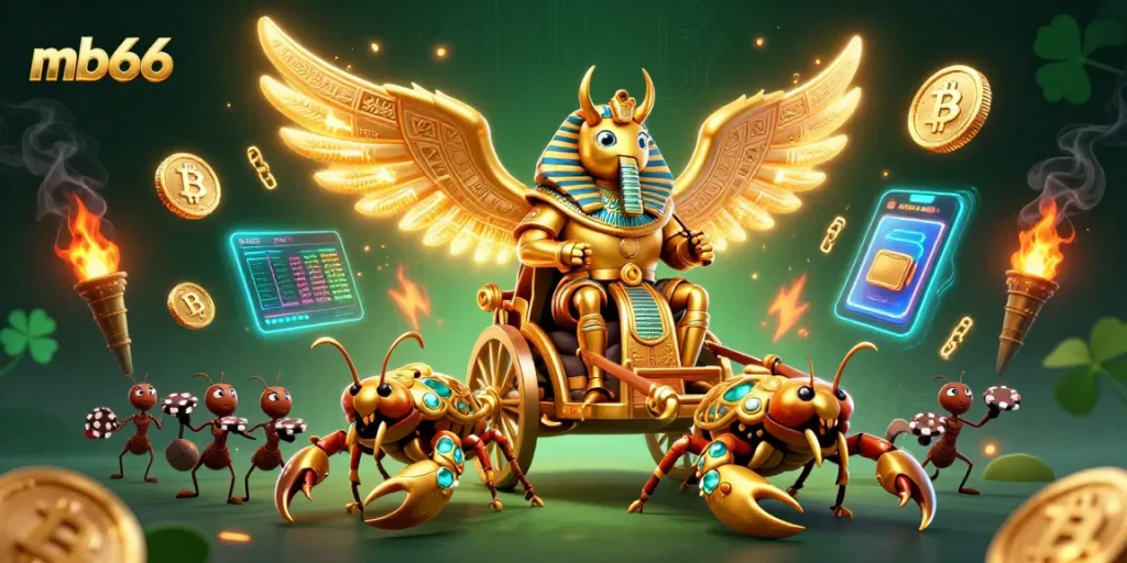 Experience thrilling moments at mb66 with an energetic 3D scene of a golden scarab beetle on a chariot, enriched with gambling elements.