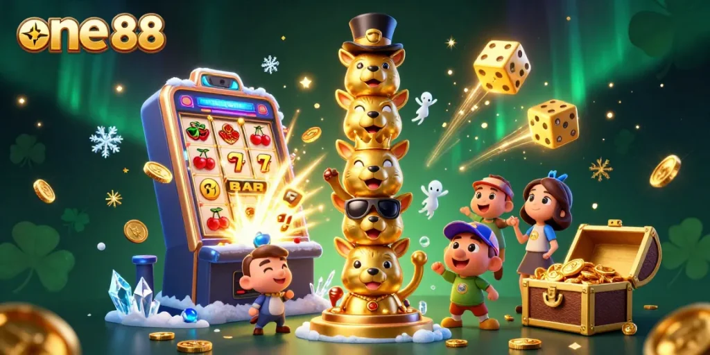 Engage in thrilling gameplay at one 88, featuring a vibrant 3D casino scene with dynamic slot machines and golden treasures.