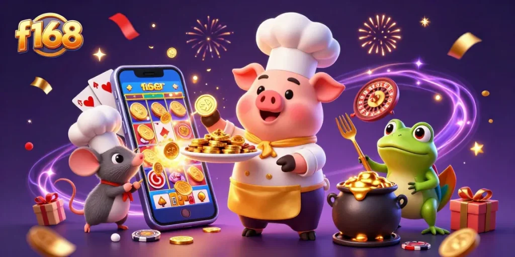 Experience the excitement of f168 with vibrant casino characters amidst golden coins in a festive scene.
