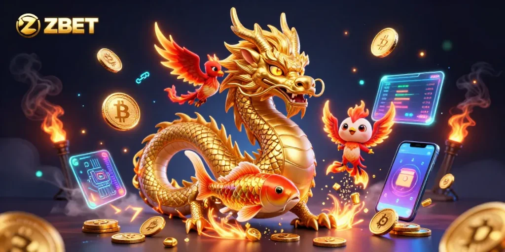 ZBET offers thrilling experiences with a fierce dragon and phoenix in an immersive 3D casino scene.